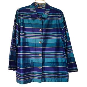 Chico's Art To Wear Southwest Silk Blazer in Fun Blue & Purple Stripe XL 16 EUC
